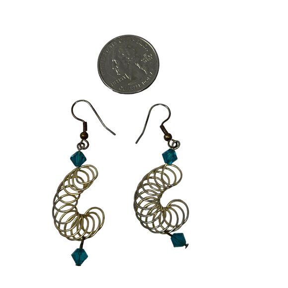 Handcrafted‎ Earrings Blue Beaded Crystal Pierced Spiral Loops Dangle Wire - Picture 8 of 8